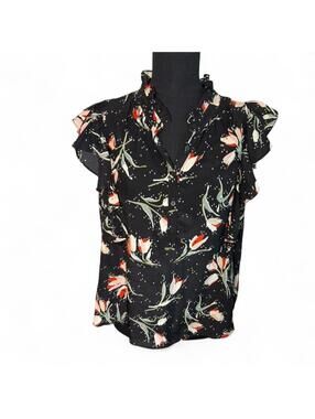 Rebecca Taylor Ikat Black Floral Silk Blouse Size 8